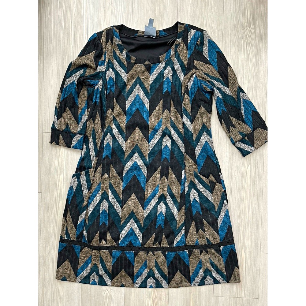 Rabbit Rabbit Designs Women's Shift Dress Sz 10 Geometric Knit 3/4 Sleeve Modest